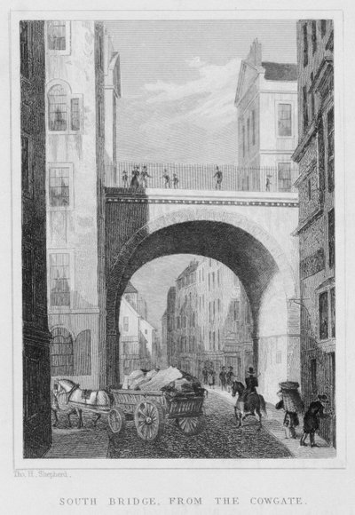 Zuidbrug vanaf de Cowgate, Edinburgh gegraveerd door William Watkins, 1831 door Thomas Hosmer Shepherd