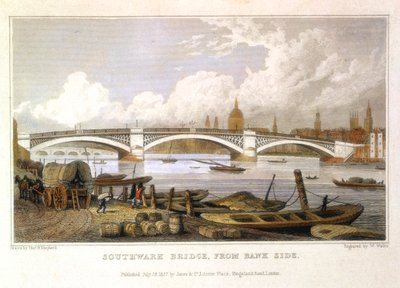 Southwark Bridge vanaf Bank Side, Londen door Thomas Hosmer Shepherd