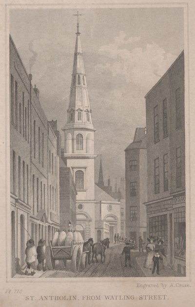 St. Antholin, van Watling Street, gegraveerd door A. Cruse, c.1830 door Thomas Hosmer Shepherd