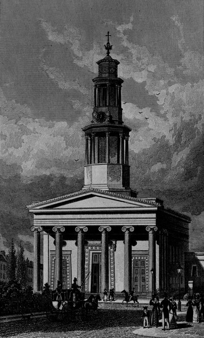St. Pancrass Kerk, West Front, gegraveerd door James Tingle 1827 door Thomas Hosmer Shepherd