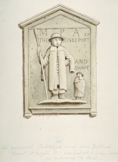 Tablet op een huis boven Bull Head Court, Newgate Street, City of London door Thomas Hosmer Shepherd