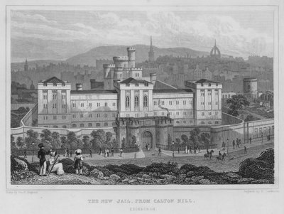 De Nieuwe Gevangenis, vanaf Calton Hill, Edinburgh door Thomas Hosmer Shepherd