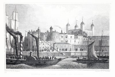 De Tower of London, vanaf de Theems, uit 