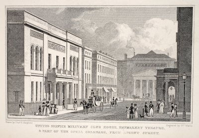 United Service Military Club House, Haymarket Theatre en een deel van de Opera Colonnade vanaf Regent Street, uit 