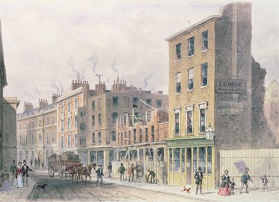 Zicht op Threadneedle Street, afbraak voor verbeteringen, Merchant Taylors, Hall of Alderman Moon Print Shop op de hoek van Finch Lane door Thomas Hosmer Shepherd