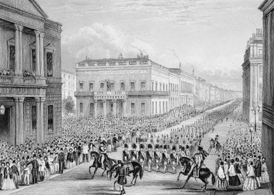 Begrafenisstoet van Wellington die langs de Senior United Service Club trekt, Pall Mall, Londen, 1852 door Thomas Hosmer Shepherd