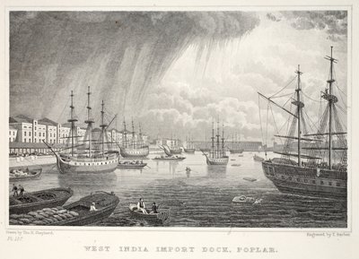 West India Docks, Isle of Dogs, uit Londen en zijn omgeving in de negentiende eeuw, uitgegeven door Jones en Co., 1827-1829 door Thomas Hosmer Shepherd