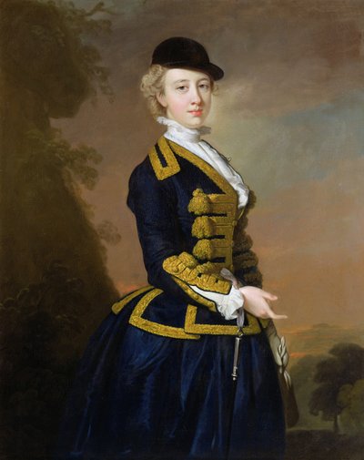 Portret van Nancy Fortesque in een donkerblauw rijgewaad door Thomas Hudson