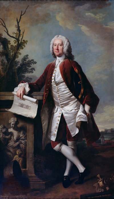Portret van Theodore Jacobsen, architect van het Foundling Hospital, met een tekening van de Westgevel, ca.1742 door Thomas Hudson