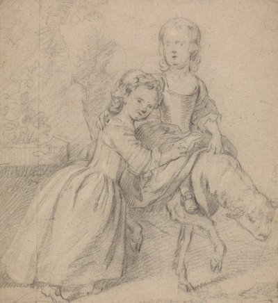 Twee meisjes in een landschap, een rijdend op een lam door Thomas Hudson