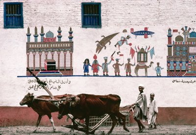 Beschilderde muurschildering op stucmuur van een boerderij in Luxor herdenkt de vroege... door Thomas J. Abercrombie