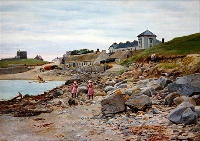 Kingsland, Cornwall, met twee meisjes op een strand door Thomas J. Purchas