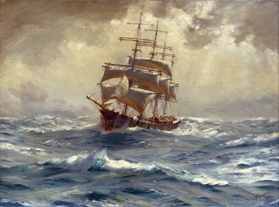 Een schip met 4 masten voor de storm, dit type boot werd gebruikt om graan en nitraat uit Zuid-Amerika te verhandelen, rond Kaap Hoorn (Chili) door Thomas J. Somerscales