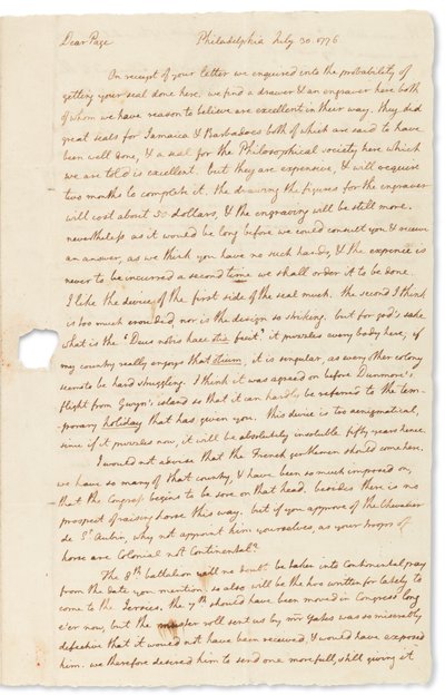 Handtekeningbrief aan John Page, Philadelphia, 30 juli 1776 door Thomas Jefferson