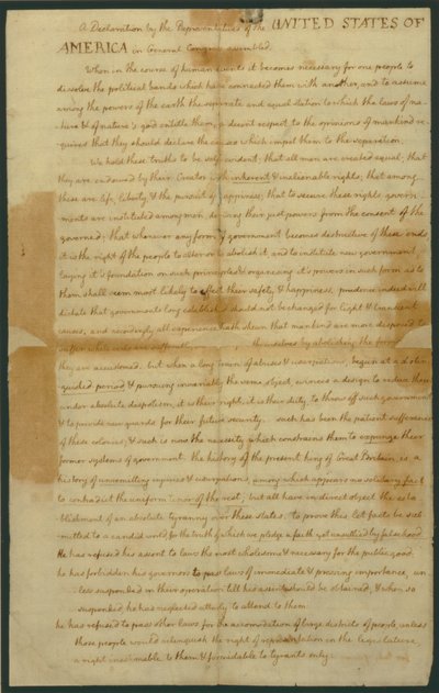 Ontwerp van de Onafhankelijkheidsverklaring, 4 juli 1776 door Thomas Jefferson