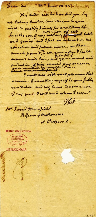 Brief van Thomas Jefferson (initialen alleen), Monticello, aan Jared Mansfield, professor wiskunde aan West Point, 10 juni 1823 door Thomas Jefferson