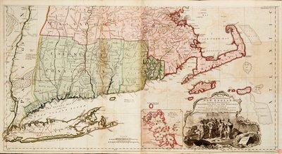 Een kaart van het meest bewoonde deel van New England, met de provincies Massachusetts Bay en New Hampshire met de koloniën Connecticut en Rhode Island door Thomas Jefferys