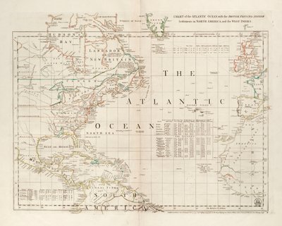 Kaart van de Atlantische Oceaan, met de Britse, Franse en Spaanse nederzettingen in Noord-Amerika en de West-Indië door Thomas Jefferys