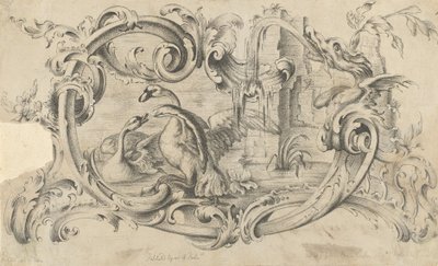Ontwerp voor een tablet voor een schoorsteenstuk met twee zwanen in gevecht, omsloten door een scroll door Thomas Johnson