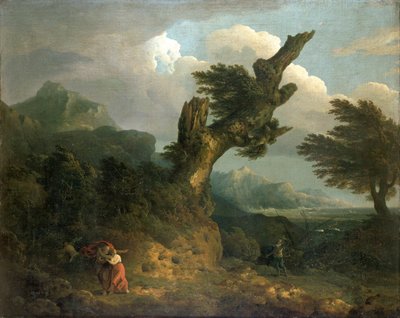 Een storm - Prospero, Miranda en Caliban bespieden de schipbreukeling Ferdinand door Thomas Jones