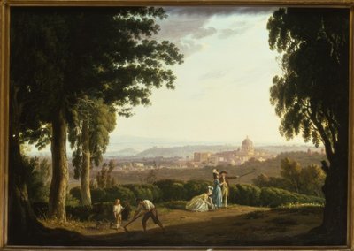 Elegante figuren op een heuvel met een verre blik op Rome door Thomas Jones