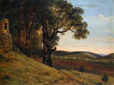 Welsh landschap met eikenbomen bij een ruïne door Thomas Jones