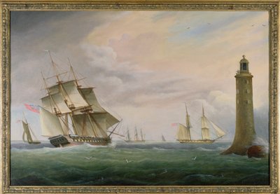 Een fregat en een marinesloep passeren de vuurtoren van Eddystone door Thomas L. Hornbrook