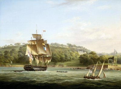 Een koninklijke fregat en andere schepen in Barn Bay voor Plymouth, Engeland, voor Mount Edgcumbe door Thomas L. Hornbrook
