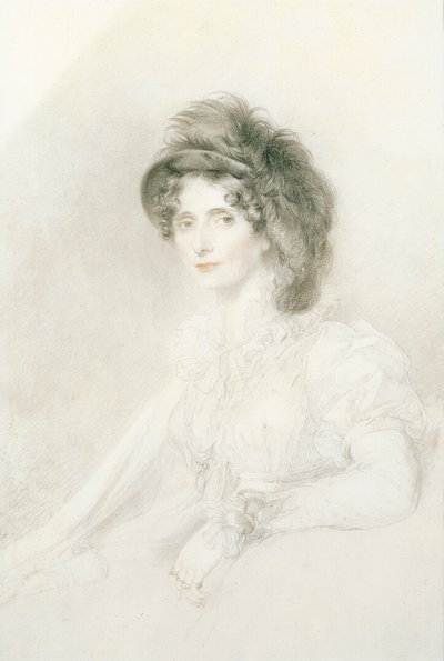 Portret van Elizabeth, Hertogin van Devonshire (1758-1824), zittend, halflang, met een grote gevederde hoed door Thomas Lawrence