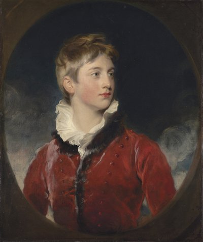 Portret van Frederick William Stewart, 4e Markies van Londonderry, K.P., M.P. (1805-1872) als jongen, halflang, in een rode jas, in een gefingeerd ovaal door Thomas Lawrence