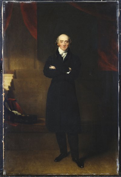 Portret van George Canning, volledige lengte, staand in een zwart jasje in een interieur, met zijn armen over elkaar door Thomas Lawrence