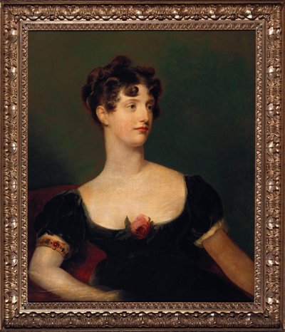 Portret van Lady Beresford, zittend, half-lengte in een zwarte jurk versierd met een roos door Thomas Lawrence
