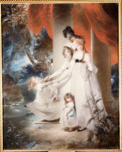 Portret van Mevrouw Ayscoghe Boucherett met haar twee oudste kinderen, Emilia en Ayscoghe, en haar halfzus Juliana Angerstein, later Madame Sabloukoff, in een tuin door Thomas Lawrence