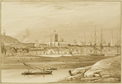 Bristol vanaf Coronation Road met Cumberland Road, de New Cut en een uitzicht op de kerken van Bristol door Thomas Leeson the Elder Rowbotham