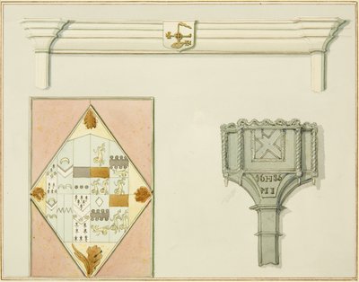 Schoorsteenmantel, glas-in-lood en sneeuwdoos op 35 High Street door Thomas Leeson the Elder Rowbotham