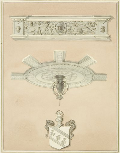 Details van kamer in de Law Library, inclusief centraal plafondornament en kroonlijst door Thomas Leeson the Elder Rowbotham
