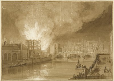 Brand in het Old Sugar House, Tucker Street door Thomas Leeson the Elder Rowbotham