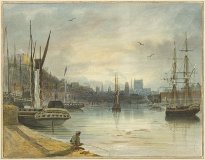 Uitzicht op de Floating Harbour richting de kathedraal, vanaf de ingang van de Old Floating Dock door Thomas Leeson the Elder Rowbotham