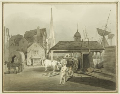 Noordoostelijke Eind van King Street, met de Welshe Markt in 1802 door Thomas Leeson the Elder Rowbotham