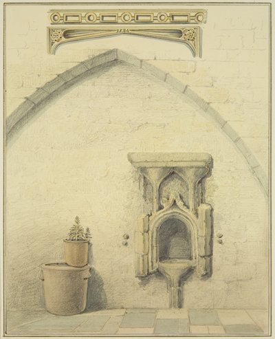 Piscina, fries en spandrils in de binnenplaats van Temple Street 131 door Thomas Leeson the Elder Rowbotham