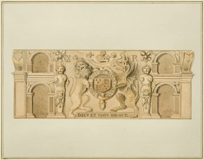 Wapenschild van Koningin Elizabeth in eikenhout, voorheen in een huis aan het zuidwestelijke einde van Clare Street door Thomas Leeson the Elder Rowbotham