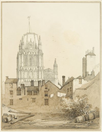 Redcliffe kerk en een deel van Redcliffe Hill met de Shot Tower door Thomas Leeson the Elder Rowbotham