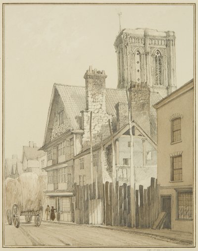 Temple Street, met de toren van Temple Church door Thomas Leeson the Elder Rowbotham