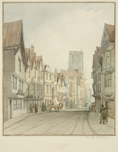 Temple Street, met de toren van de Temple Church door Thomas Leeson the Elder Rowbotham