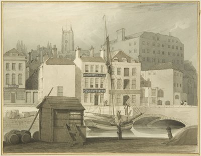 De stenen brug aan het hoofd van de kade (St Giles