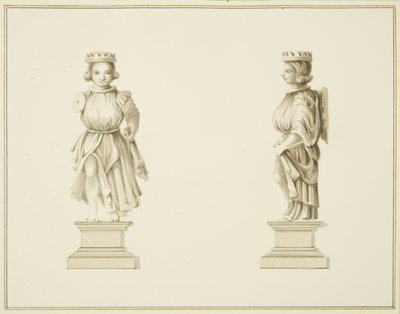 Twee uitzichten van een gesneden houten figuur in de sacristie van St John