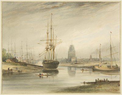 Uitzicht stroomopwaarts, genomen vanaf beneden de Touwslagerij en Wapping, ca. 1804 door Thomas Leeson the Elder Rowbotham
