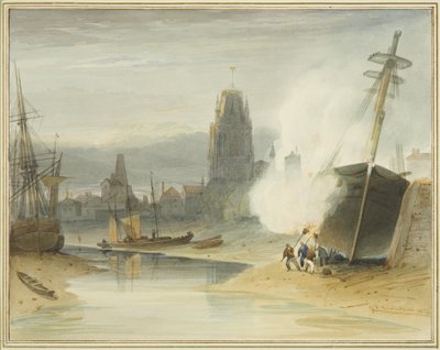 Uitzicht op St Mary Redcliffe vanaf de Gibb slip voor de vorming van de drijvende haven, ook de breaming van de bodem van een schip door Thomas Leeson the Elder Rowbotham