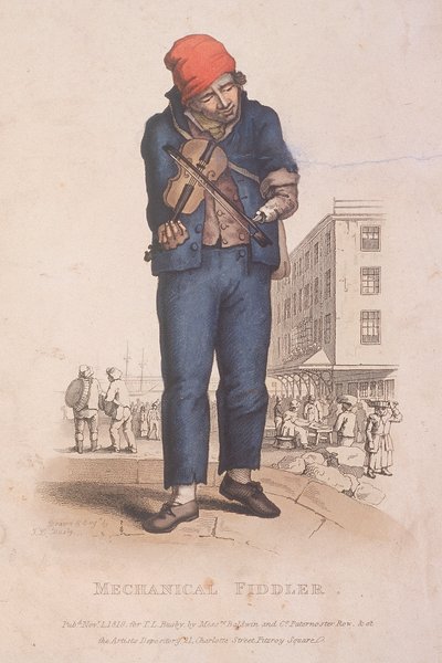 Violist met een prothese arm, met een markt op de achtergrond door Thomas Lord Busby