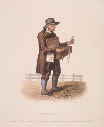 Marskramer met zijn doos vol waren om zijn nek gehangen, 1820 door Thomas Lord Busby
